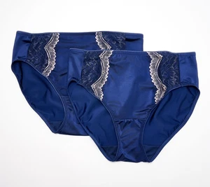 Breezies Two-Tone Lace Shimmer Hi-Cut Brief Panty Set of 2 Navy 2X New - Foto 1 di 1