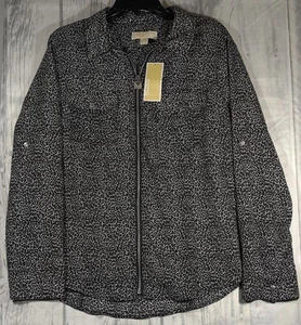 Michael Kors MK Blouse Top Size XL Micro Leopard Full Zip Roll Tab Travel Shirt - Picture 1 of 4