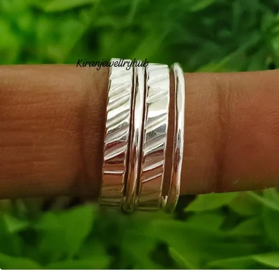 Sterling Silver Band Ring Set: Hammered Stackable Boho Jewelry All Size - Image 1 of 4
