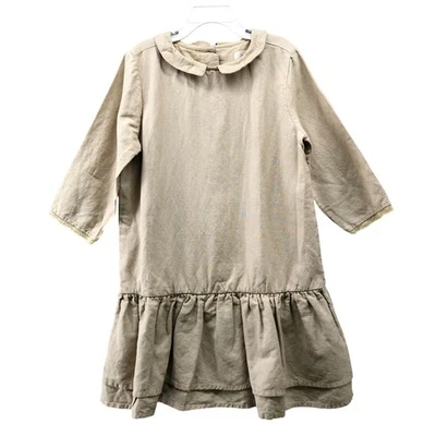 Boné A Pompon Meninas 8 Vestido Mescla de Linho Manga Longa Bronzeado Colarinho Peter Pan - Imagem 1 de 4