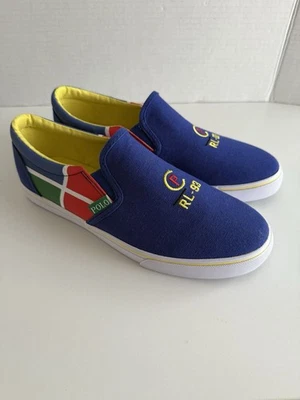 POLO RALPH LAUREN RL-93 - Azul Blanco Sin Cordones Mocasines Lona Barco Zapatos Talla 7 Foto 1 de 4