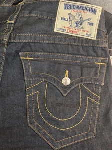 True Religion Mens 34x32 Jeans Straight Leg Flap Pockets Dark Wash Very Clean - Picture 1 of 16