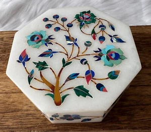 Marquetry Malachite Lapis Floral Hakik Marble Jewelry Box with Handmade Inlay - Picture 1 of 10