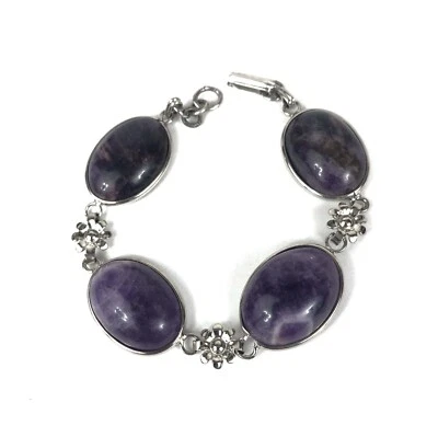 Amethyst Large Cabochon Sterling Silver 925 Bracelet w Flowers 7.5" Pre-Owned - Image 1 of 4