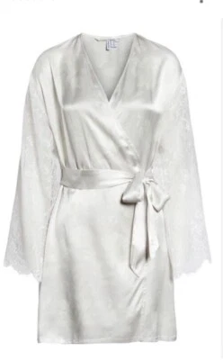LACE TRIM WASHABLE SILK ROBE IN GREY FOG BRIDAL BLOOMS - Image 1 of 4