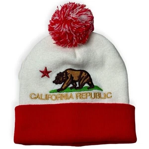 California Republic unisex Red White Knit Brown Bear State Flag Hat Beanie - Picture 1 of 4