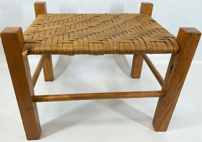 Vintage 18" Handmade Woven Rattan Wicker Wood Arts Crafts Quaker Style Footstool - Image 1 of 4