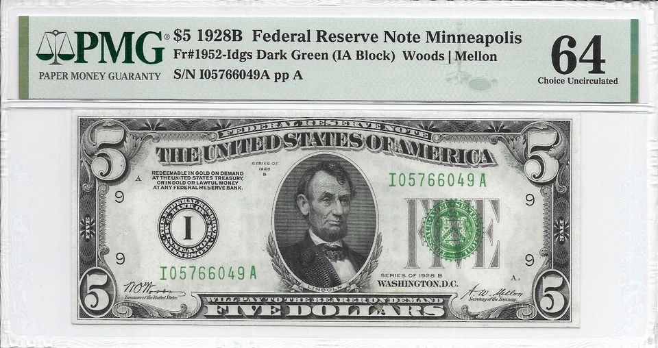 1928B $5 MINNEAPOLIS FRN. PMG Choice Uncirculated 64 Banknote. - Image 1 of 2