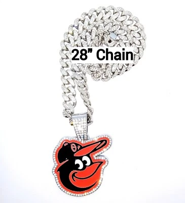 BALTIMORE ORIOLES GEM NECKLACE Silver Bling Hip Hop Baseball Pendant & 28" Chain - Image 1 of 3