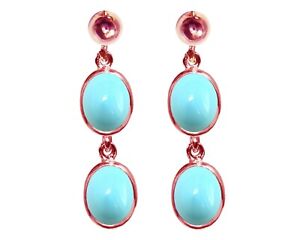 9ct Rose Gold Natural Turquoise Oval Double Drop Dangling Studs Earrings British