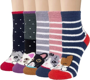 Fuzzy Socks for Women 5 Pairs Warm Fluffy Slipper Soft Cute Cat Animal Socks - Picture 1 of 2