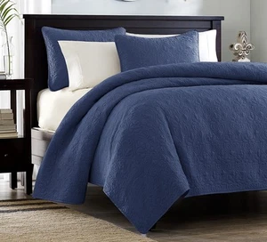 NAVY BLUE MATELASSE 3p Full Queen QUILT SET : COTTON FILL QUILT COVERLET COTTAGE - Picture 1 of 3