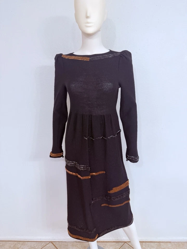 Adolfo Saks Fifth Ave Vintage 80s Hand Beaded Black Cotton Knit Midi Dress S/M - Image 1 of 4