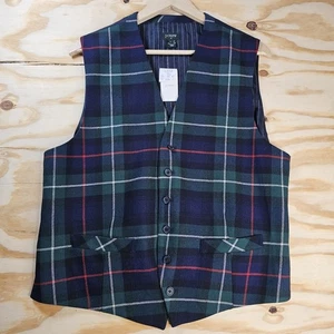 J Crew Large Mens Plaid Waistcoat Suit Vest 100% Wool & Acetate Metal Buckle - Picture 1 of 6