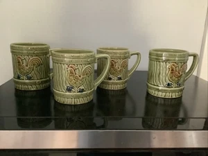 Vintage Inarco Green Ceramic Rooster Set Of Four Mugs - Picture 1 of 8
