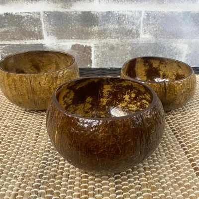Set of 3 Coconut Bowls for Tropical Summer Party Decor 4.5" diam. x 3.25" tall - Image 1 of 4