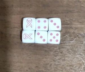 Breast Cancer Awareness Dice Set Of 6 White With Pink Ribbon And Pink Dots Yatzi - Picture 1 of 10