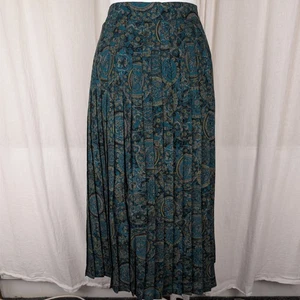 Viyella 100% Wool Challis Patterned Pleated Midi Skirt Vintage 16 Fits 12 Teal - Picture 1 of 15