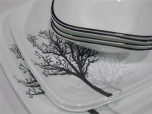 ❤️ 12 piezas JUEGO DE VAJILLA DE SOMBRA DE MADERA CUADRADA CORELLE *Árboles desnudos negros grises - Imagen 1 de 5