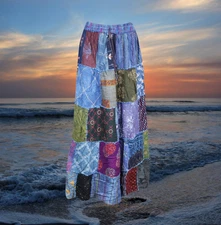 Long Patchwork Skirt for Women, Blue Tiered Flared Gypsy Boho Maxi Retro S/M/L