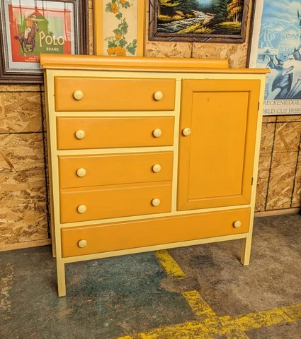 Antique Wooden Dresser Bureau Orange Yellow Painted Cover