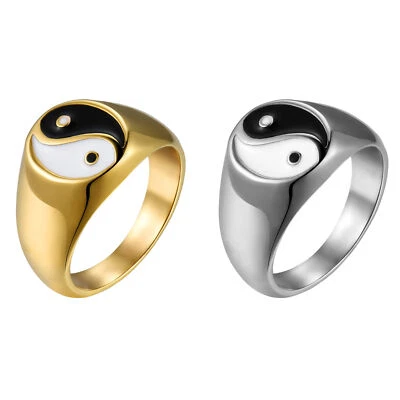 Men's Tai Chi Yin Yang Ring Zen Master Silver/Gold Plated Stainless Steel Band - Image 1 of 4