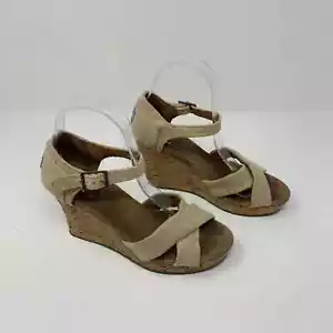 Toms Women's Siena Beige Cork Wedge Platform Tan Natural Strappy Heels Size 7 - Picture 1 of 7