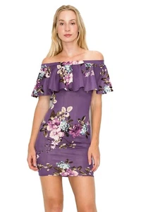Mini vestido ceñido al cuerpo floral fuera del hombro D3620 - Imagen 1 de 5