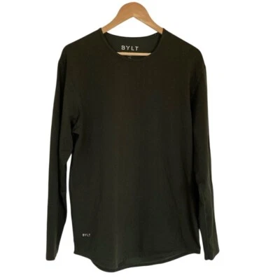 BYLT Men Drop Cut Long Sleeve Pullover Shirt L Green Curved Hem Lux Athletic - Image 1 of 4