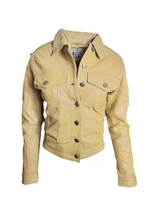 Chaqueta de cuero real amarilla para mujer - estilo motociclista con botones delanteros - Imagen 1 de 2