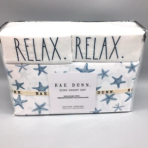 4pc Rae Dunn Blue Starfish Ocean KING Sheet Set RELAX Summer Beach Coastal NEW - Picture 1 of 8