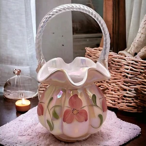 FENTON Peach Iridescent Pink Floral Basket Cased Glass Vase SIGNED - Picture 1 of 7