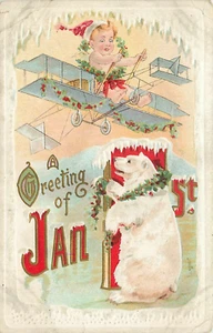 Postal Feliz Año Nuevo 1 de Enero Niño Curtis Biplano Oso Polar Sin Publicar - Imagen 1 de 2