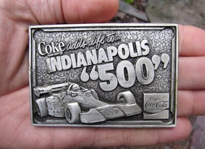 Vtg COCA-COLA Belt Buckle 1977 Indianapolis 500 COKE Adds Life Speedway RARE VG+ - Picture 1 of 4