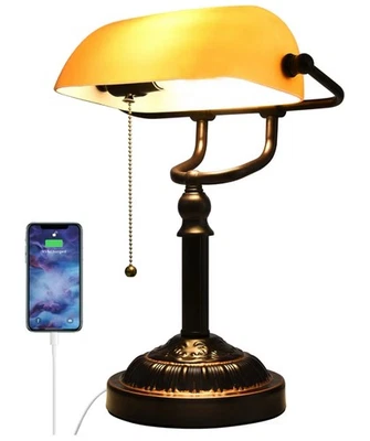 Rustic Banker's Desk Lamp Pull Chain, Traditional Bankers Desk Lamp w USB   NEW - Image 1 of 4