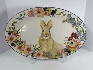 Pottery Barn Floral Flora Bunny Rabbit Easter Summer Platter 19” x 12” Oval - Picture 1 of 5