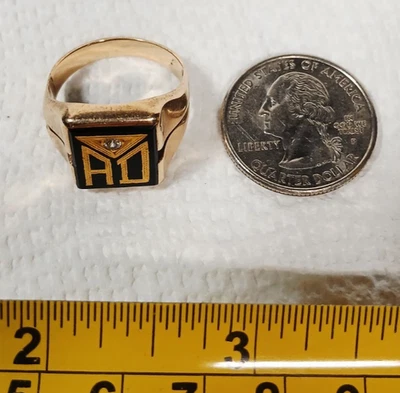 Vint. Signet 10K 黄金字母 "AD" 黑色玛瑙和钻石戒指 艺术装饰 .3z — 第 1/4 张图片