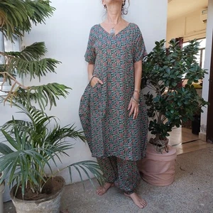 Palladio Anzug Baumwolle grün & rot Blockdruck Hose & Top Größe 10 bis 16  - Bild 1 von 14