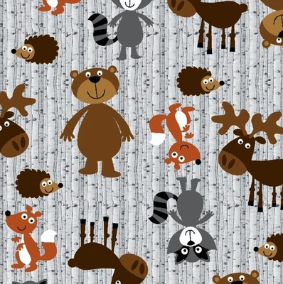 Forest Animals on Gray Striped Cotton Flannel Fabric by the Yard - Image 1 of 3