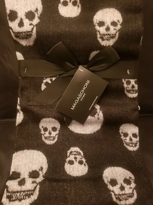Magaschoni Halloween Black White Skull Print Fringed Throw Blanket 50" x 60" New - Image 1 of 4