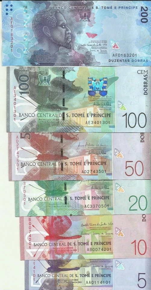 SAO TOME: Banknotes Set 6 NOTES 5-200 DOBRAS 2021. P NEW. UNC CONDITION - Image 1 of 1