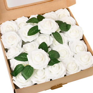 50Pcs Artificial Flowers Roses Bulk White Foam Fake Roses with Stems 
