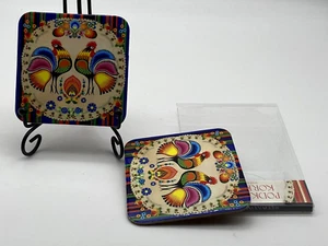 Coaster Set of Two Cork Traditional Polish Folklore Cockerels Boxed Gift - Picture 1 of 10