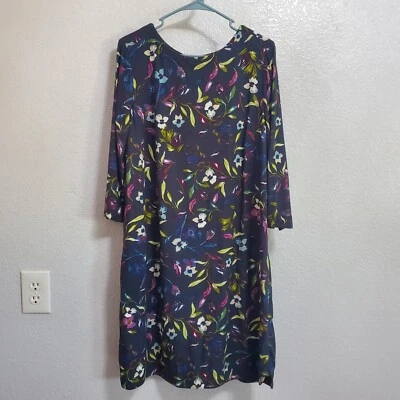 J Jill Dress Womens L Blue Floral Rayon Shift 3/4 Sleeve Knee Length Pockets - Image 1 of 4