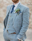 Blue Linen Men Suit Linen Wedding Tuxedo Tailor Groom Tuxedos Summer Suit
