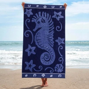 4 Piece Sea Horse Nautical Lightweight Oversized Quick Drying Cotton Beach Towel - Picture 1 of 4
