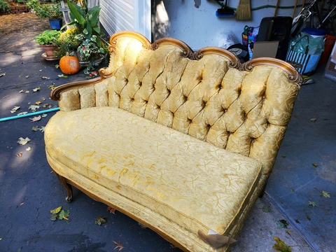 Antique Setee/Couch ORIGINAL gold colored material, curved wood, tufted back Cover