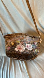JANE YOO SIGNED HANDPAINTED BUTTERFLIES & FLOWERS  LEATHER HANDBAG - Picture 1 of 13