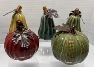 Ceramic Pumpkins With Metal Leaf & Vine Accents Lot of 5 Fall Decor - Picture 1 of 9