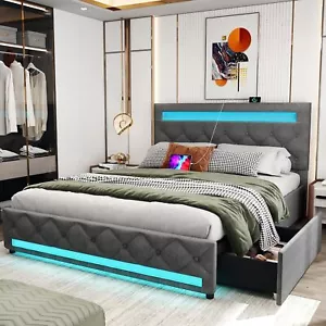 LED Queen Full Size Bed Frame with 4 Storage Drawers Upholstered Platform Bed - Picture 1 of 32